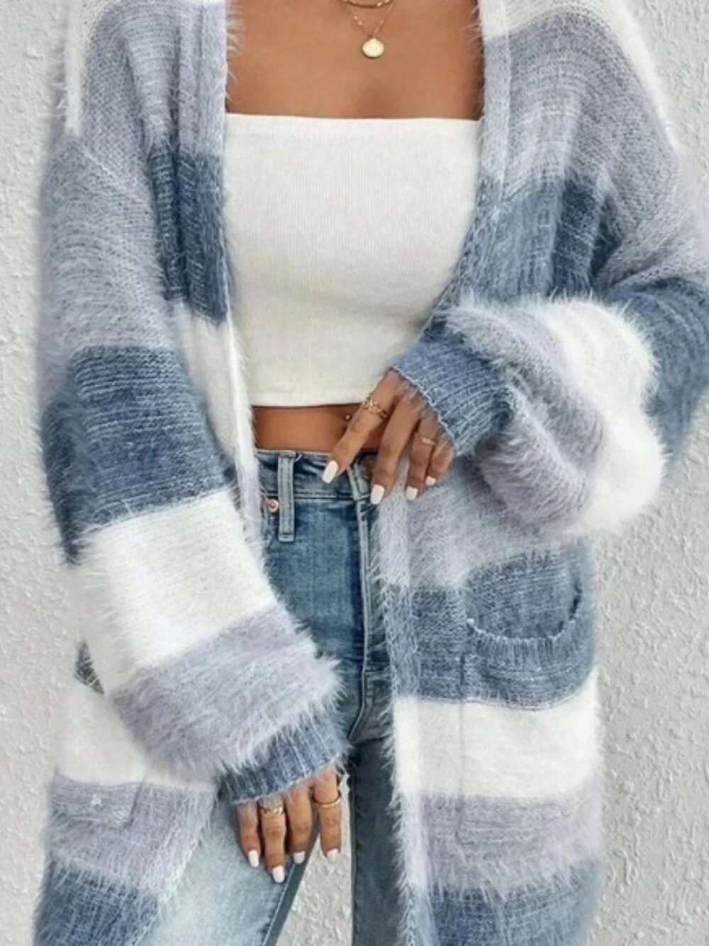Multicolor Casual Women's Colorblock Drop Shoulder Fluffy Knit Duster Cardigan